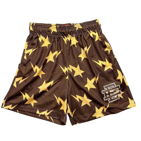 EE Mesh Shorts Stars‎ Lightning Bolt Graphic Athletic Brown Yellow Medium - Picture 1 of 10